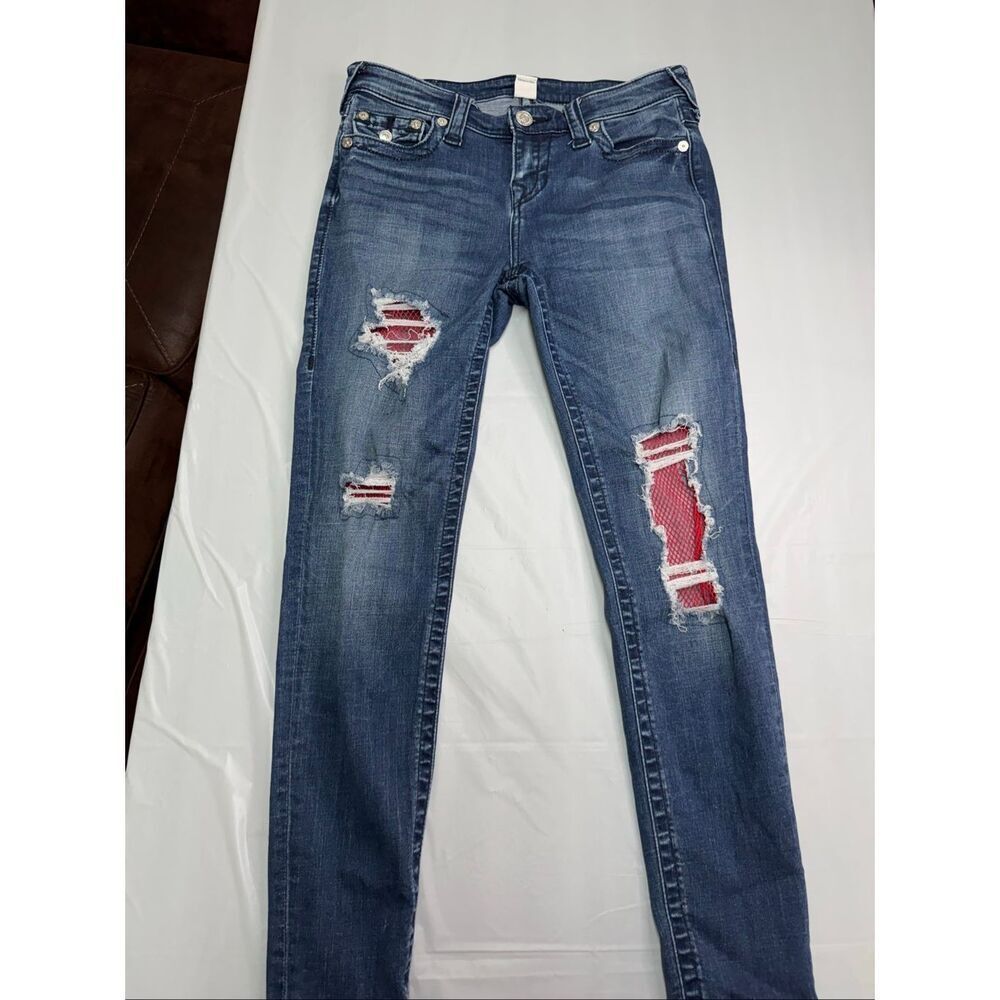 True Religion Halle Mid Rise Super Skinny Jeans With Red Fishnet Details Size 29